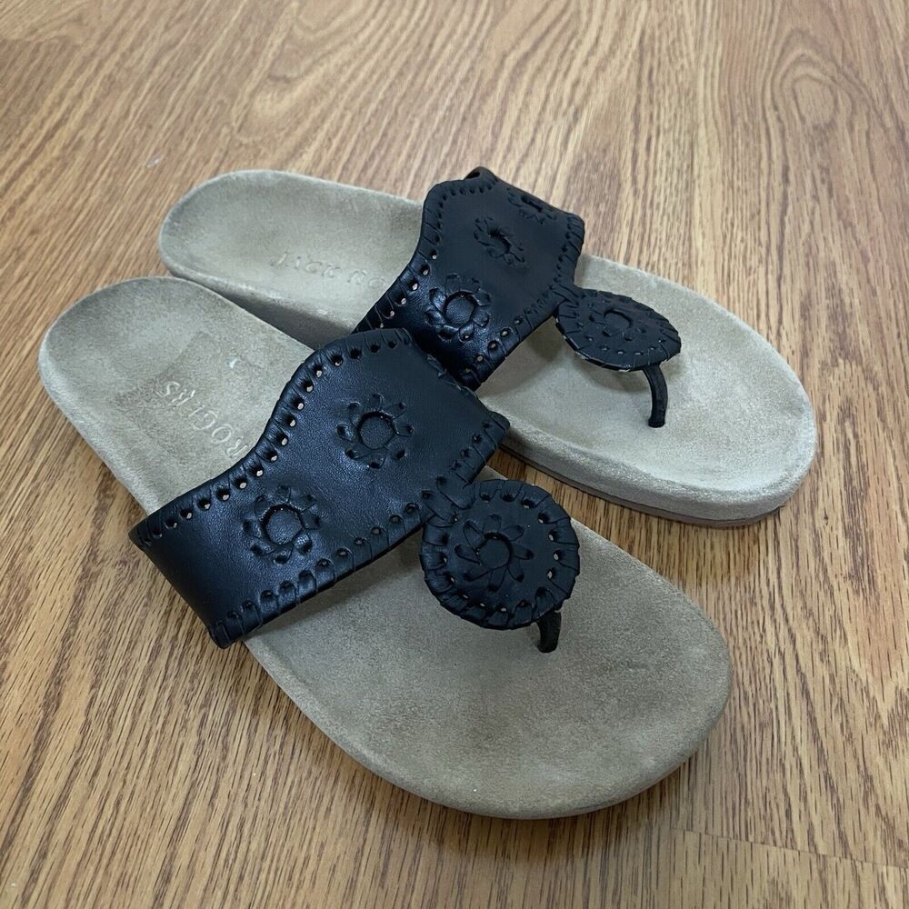Jack Rogers Black leather thong slip on sandals size 5.5